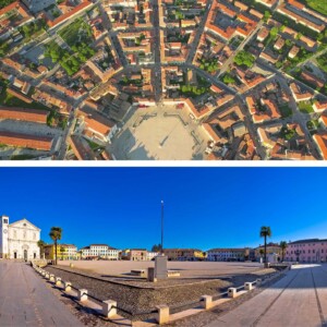 Due insoliti punti di vista della piazza Grande di Palmanova, che restituiscono le caratteristiche e le dimensioni di questa “piazza d’Armi” della Serenissima.