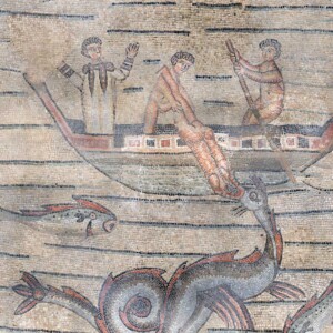 Le storie di Giona nel mosaico pavimentale: Giona gettato in mare e ingoiato dal mostro marino.