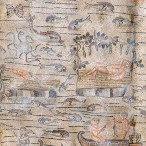 Le storie di Giona nel mosaico pavimentale: Giona che riposa sotto il pergolato.